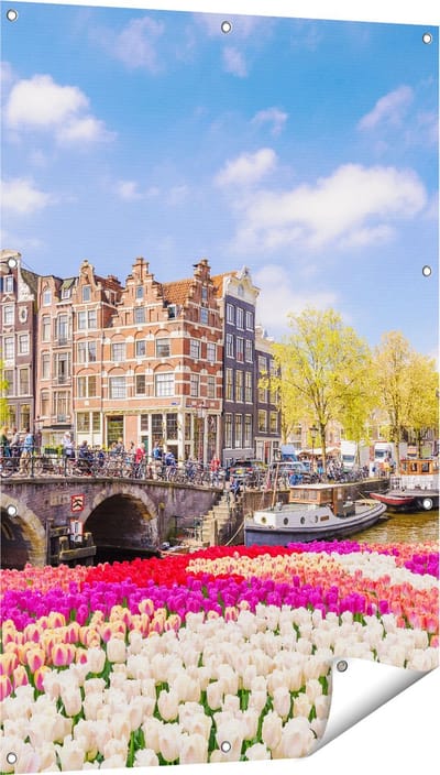 Gards Tuinposter Amsterdamse Huisjes aan de Grachten - 80x120 cm - Tuindoek - Tuindecoratie - Wanddecoratie buiten - Tuinschilderij