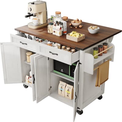 Merax Keukenwagen met Uitklapbaar Werkblad – Keukeneiland op Wielen met 2 Deurkasten en 2 Lades - Trolley met Houtnerf - 140x45x93 cm - Beige