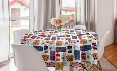 ABAKUHAUS Kerstronde Tafellaken, Scandinavische Cadeaudozen, Cirkelvormige tafelkleedhoes voor eetkamerkeukendecoratie, 150 cm, Wit Multicolor
