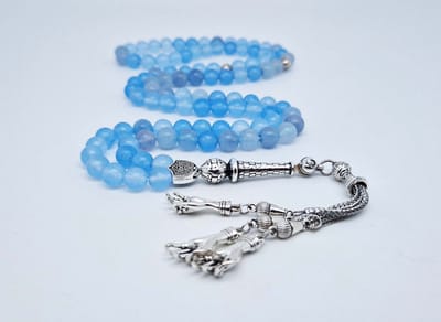 Handgemaakte tesbih "Tasbih" natuursteen " Blauwe Jade " - Aantal kralen 99 - Diameter kralen 8MM - met metaal tassel "Palm" - Een mooi cadeau-idee