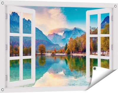 Gards Tuinposter Doorkijk Meer - 90x60 cm - Tuindoek - Tuindecoratie - Wanddecoratie buiten - Tuinschilderij