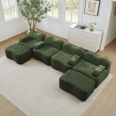 MODENUIT U-Bank 4-Zits - Modulaire Opstelling Met 2 Ottomans - Voor Woonkamer En Appartement - Fluweel Groen