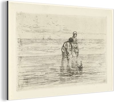 Aluminium schilderij 180x120 cm - Wanddecoratie metaal - Kinderen spelend met een scheepje aan het strand, Jozef Israëls, 1835 - 1911 - Metalen muurdecoratie woonkamer - Decoratie industrieel - Foto op dibond - Industriële accessoires slaapkamer