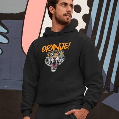 Zwarte EK WK Koningsdag Hoodie Oranje Tiger In Oranje - Maat L - Uniseks Pasvorm - Oranje Feestkleding