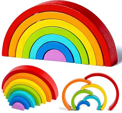 Regenboog Speelgoed - Houten Blokken - Creatief Bouwen - Veilig Rubberhout - 7 Delig - Multicolor