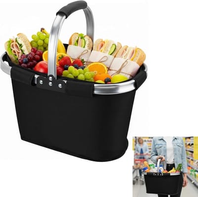 SnelShoppen - 21 Liter Opvouwbare Boodschappenmand - Picknickmand met Gevoerde Handgreep - Draagmand voor Winkelen, Picknicken en Reizen - Zwart