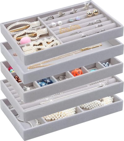5 stuks stapelbaar sieradendoos van fluweel, sieraden inzet voor laden, sieraden lade-organizerset, sieradenorganizer voor laden, sieradenorganizer voor halskettingen, armbanden, oorbellen (grijs)