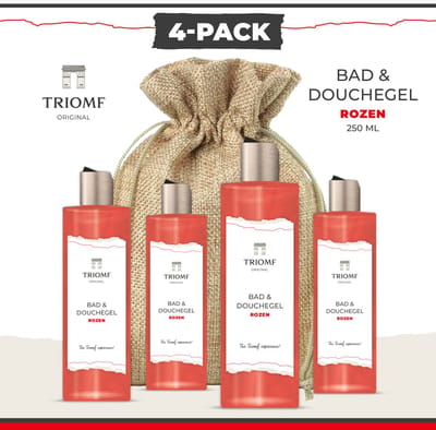 Deluxe Bad & Douchegel - Rozen Parelmoer - 250 ML - 4 stuks - Triomf Cosmetica | Cadeau Vrouw Cadeau Man Verzorgend Douche product Luxe Voordeelverpakking Linnen zak Wellness Gift Voordeelpakket Cadeau Pakket 4 x Luxe Showergel fles Rozengeur Rood