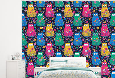 Behang - Fotobehang Kat - Regenboog - Bloemen - Breedte 300 cm x hoogte 240 cm