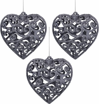 Antraciet hart kerstballen, set opengewerkte kerstballen, kerstboomornamenten 10,5 cm, 3 stuks