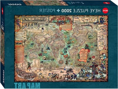 Piraten Wereld Puzzel - 2000 Stukjes - Ontspanning Thuis - Gedetailleerde Kaart - 96.5 x 67 cm - Zilver