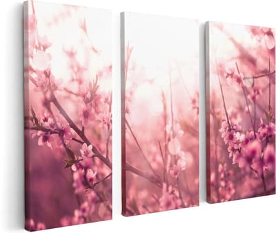 Artaza Canvas Schilderij Drieluik Roze Bloesemboom Met Zonneschijn - 120x80 cm - Wanddecoratie Woonkamer - Schilderijen - Muurdecoratie