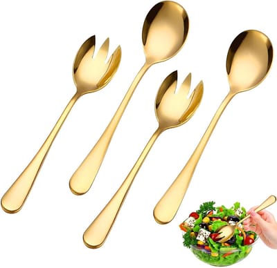 SnelShoppen - 4 Stuks Gouden RVS Saladescheppen | Grote Serveertangen en Lepels voor Salades, Buffetgerechten, Keuken & Feesten