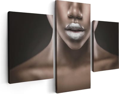 Artaza Canvas Schilderij Drieluik Zilveren Lippen Van Een Afrikaanse Vrouw - 90x60 - Foto Op Canvas - Canvas Print