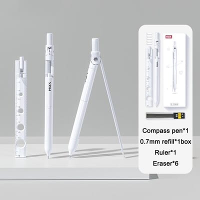 Witte Passer Met Liniaal, Gum en Potlood Navulling – Voor Wiskunde, School, Studie, Werk, Kantoor & Hobby – Cirkels maken