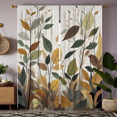 2 stuks HD kleine frisse bladeren decoratief gordijn Geel digitaal bedrukt gordijn huisdecoratie stijl decoratie woonkamer W52H63inchW132H160cm gray