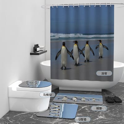 Floraweg Douchegordijn,Shower Curtain,badgordijn,badkamergordijn,koude arctische, golven, pinguïns, beer, zeevis, digitale printen -Anti Schimmel - Inclusief 12 ringen -met 12 stuks douchegordijnhaken – Waterdicht -Wasbaar- Polyester - 180x200 cm