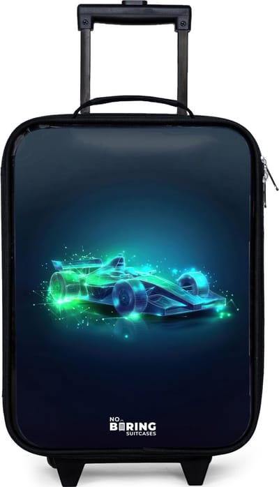 NoBoringSuitcases.com® - Kinderkoffer jongen - Kindertrolley meisje - Neon racewagen in digitale stijl - Koffer kind lichtgewicht - Reiskoffer trolley voor kinderen - Koffertje met lichtgevende wieltjes - Rolkoffer zwart