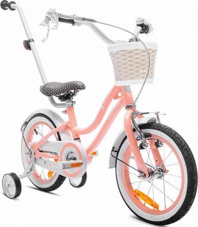 Heart Bike Fiets voor een meisje van 3 tot 5 jaar, 14 inch Abrikoos, met fietsbel, zijwieltjes, duwstang en stuurmandje