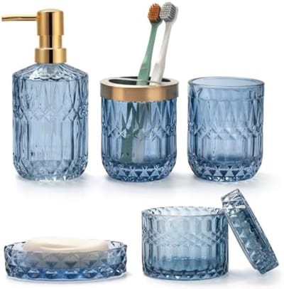 PromoHome 5-delige badkameraccessoireset in blauw glas met zeepdispenser en opbergset