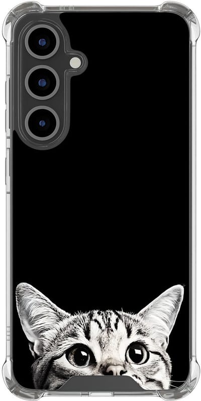 Shockproof hoesje geschikt voor Samsung Galaxy S24 FE - Kat kiekeboe - Schokbestendig - Verhoogde randen - TPU case - Extra Sterke Back Cover - Print - Transparant, Zwart