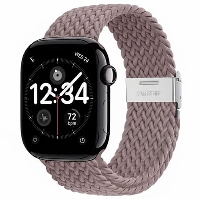 Roos goud nylon horlogebandje geschikt voor Apple Watch dames en heren 42mm (serie 1 / 2 / 3) / 44 mm / 45 mm / 46 mm (serie 10 / 11) / 49 mm (Ultra / Ultra 2), elastisch gevlochten smartwatch bandje zonder gesp