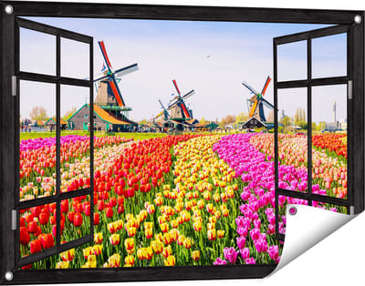 Gards Tuinposter Doorkijk Kleurrijke Tulpen Bloemenveld - Windmolen - 90x60 cm - Tuindoek - Tuindecoratie - Wanddecoratie buiten - Tuinschilderij