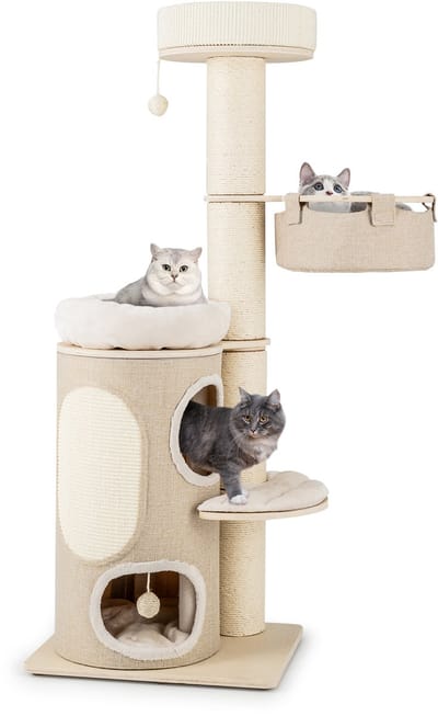 COSTWAY Krabpaal, kattenboom met 2 verdiepingen, hangmat, afneembaar bed, sisalplank, speelbal, kattenkrabpaal, kattenmeubel, klimboom, activiteitsboom, beige + natuur
