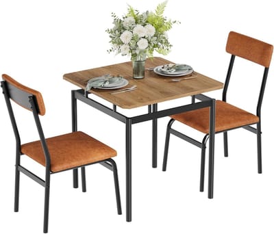 3-delige Eettafel Set voor 2 Personen - Keukentafel met 2 Gestoffeerde PU-Leren Stoelen - Industrieel Design - Metaal en Hout - Ruimtebesparend - 74x74x76 cm
