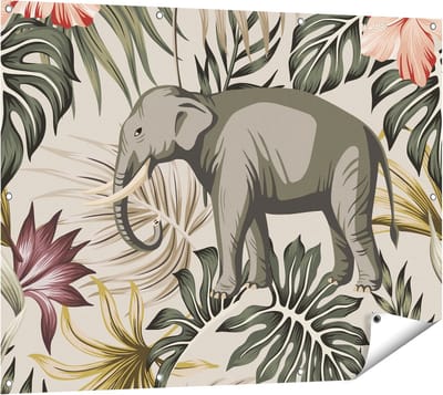 Gards Tuinposter Tropisch Getekende Olifant - Abstract - 120x90 cm - Tuindoek - Tuindecoratie - Wanddecoratie buiten - Tuinschilderij