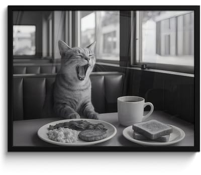 Poster in lijst - Fotolijst 70x50 cm - Posters - Kat - Koffie - Brood - Zwart - Posterlijst zwart - Decoratie - Wanddecoratie woonkamer - Muurdecoratie slaapkamer