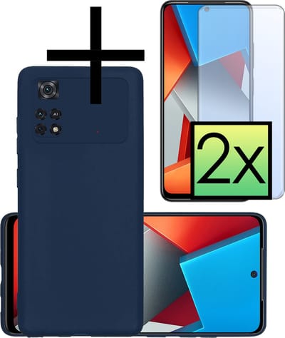 Hoesje - Met 2x Screenprotector - Geschikt voor Xiaomi Poco X4 Pro 5G - Sterk & Shockproof - Back Cover - Siliconen Case - Telefoon Hoes - Donkerblauw