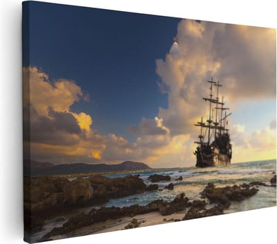 Artaza Canvas Schilderij Zeilschip - 30x20 cm - Klein - Wanddecoratie Zonsondergang - Muurdecoratie Strand Zee - Kamer Accessoires Woonkamer