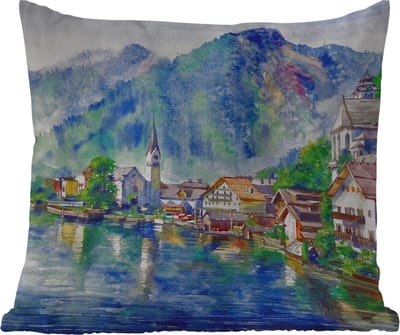 Buitenkussen - Schilderij - Olieverf - Huis - Bergen - Water - 45x45 cm - Weerbestendig