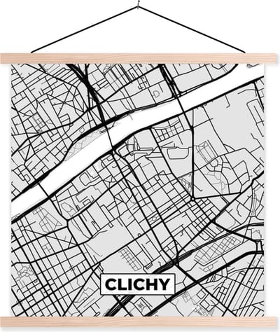 Posterhanger incl. Poster 40x40 cm - Schoolplaat - Plattegrond - Clichy - Stadskaart - Kaart - Frankrijk - Textielposter - Blanke latten - Stadskaart