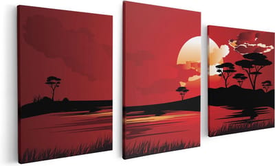 Artaza Canvas Schilderij Drieluik Rode Zonsondergang In De Savanne - Abstract - 120x60 - Foto Op Canvas - Canvas Print