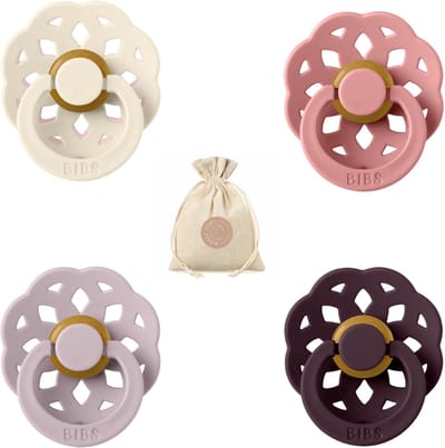 Bibs boheme fopspenen - Maat 1 0 - 6 maanden - Ivory, Dusky Lilac , Dusty Pink, Plum + Bolletoet speenzakje