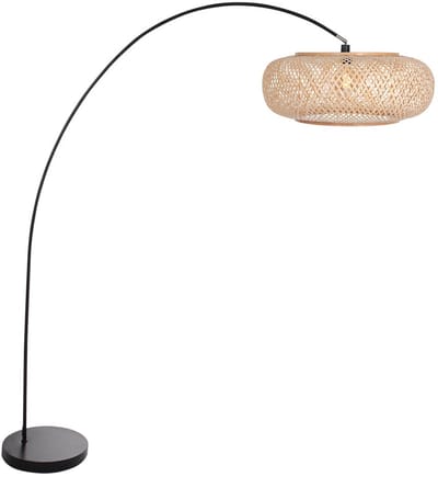 Vloerlamp Solva 4465ZW - Zwarte booglamp met bamboe kap Ø60 cm, trendy design, metalen constructie, kantelbaar, hoogte 185 cm, ideaal voor binnengebruik - Mexlite