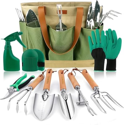 Tuingereedschapsset 10-Delig – Roestvrij Staal – Houten Handvat – Incl. Tas & Handschoenen – Cadeau