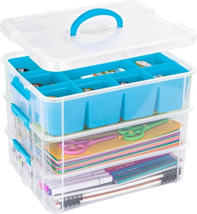 3-laagse Opbergdoos met Deksel voor Creatief Werk, Stapelbare Opbergdozen met Verwijderbare Tray, Naaibox en Sorteringsdoos voor Naaigaren en Knutselmaterialen (Blauw)