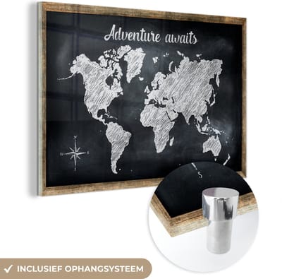 ® Glasschilderij 120x80 cm - Schilderij acrylglas - Wereldkaart - Krijtbord - Wit - Foto op glas - Muurdecoratie woonkamer - Wanddecoratie slaapkamer - Schilderijen