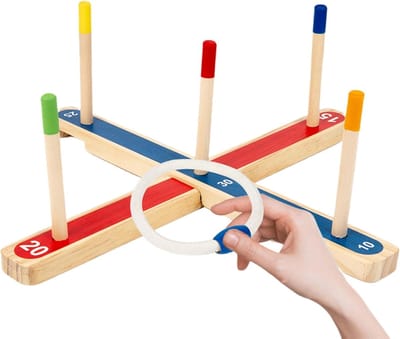 Houten Ringwerpspel - Werpspel Combinatieset - Buiten Spelen - Scorende Palen - 41 x 9 cm - Veelkleurig