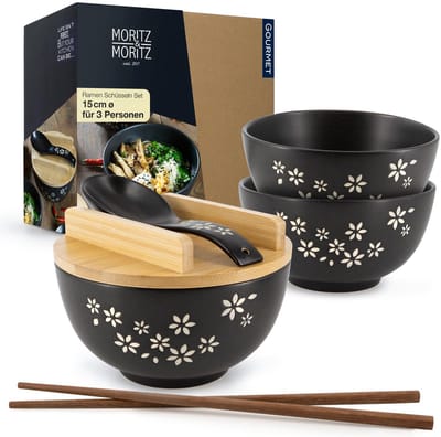 Moritz & Moritz 3-delige Ramen Bowl Zwart - voor 3 Persoons met Soeplepels & Eetstokjes