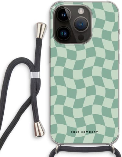 Case Company® - Hoesje met koord geschikt voor iPhone 14 Pro hoesje met Koord - Grid Groen - Telefoonhoesje met Zwart Koord - Bescherming aan alle Kanten en Over de Schermrand