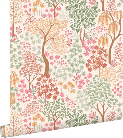 ESTAhome behang bomen en bloemen terracotta, roze en groen - 50 x 900 cm - 131185