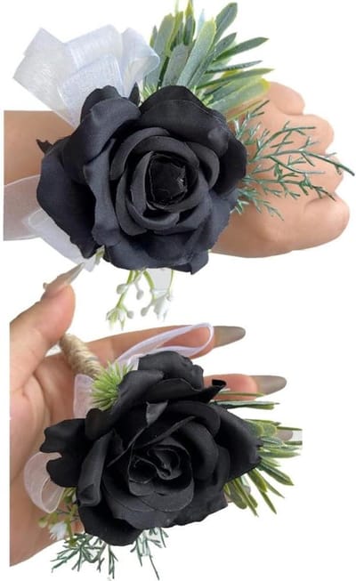Pols Corsage Boutonniere Set - Bruidsbloemen Pols - Bruiloft Versiering - Handgemaakt Zijden Rozen - 2 stuks - Zwart