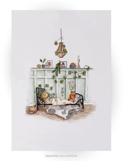 slaapkamer Noan, wenskaart 10x15cm, illustratie aquarel en zwarte inkt MI265