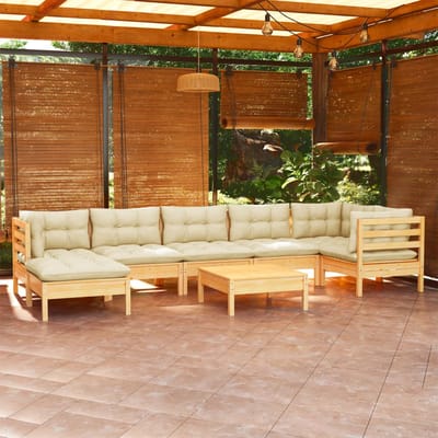 vidaXL - 8-delige - Loungeset - met - crèmekleurige - kussens - massief - grenenhout