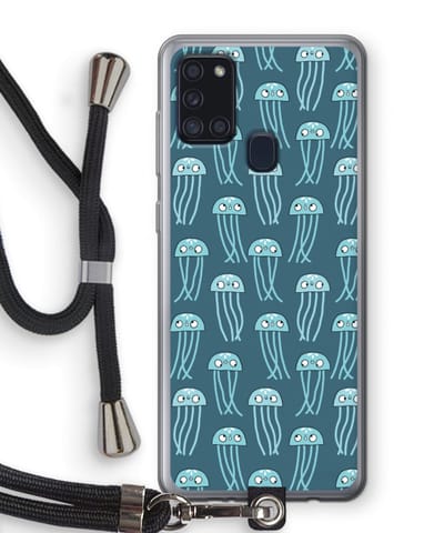 Case Company® - Hoesje met koord geschikt voor Samsung Galaxy A21s hoesje met Koord - Kwallie - Telefoonhoesje met Zwart Koord - Bescherming aan alle Kanten en Over de Schermrand