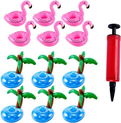 12 stuks opblaasbare bekerhouders PVC opblaasbare bekeronderzetters hot tub drankhouder drijvende flamingo bekerhouder met luchtpomp kokosnoot boom drankhouder set met inflator voor zomer familie